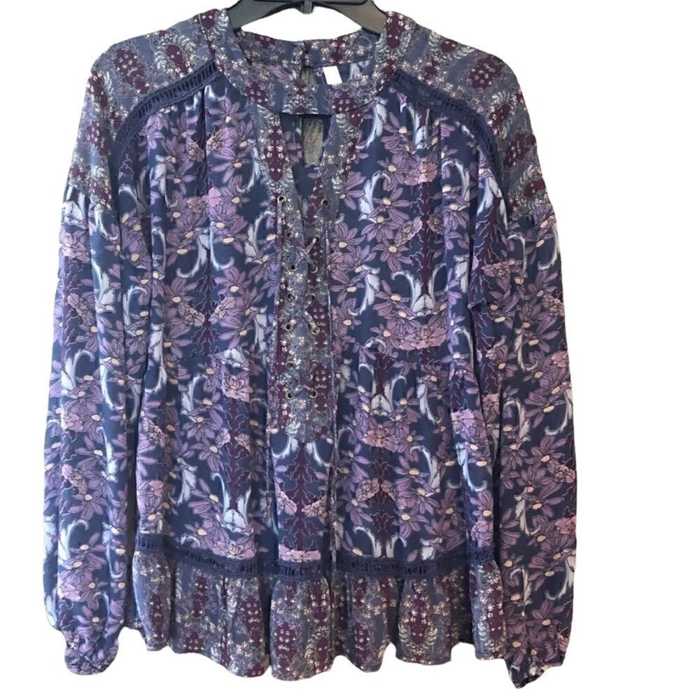 Xhilaration S Sheer BOHO Purple Floral Keyhole Collar Long Sleeve Flowy Blouse